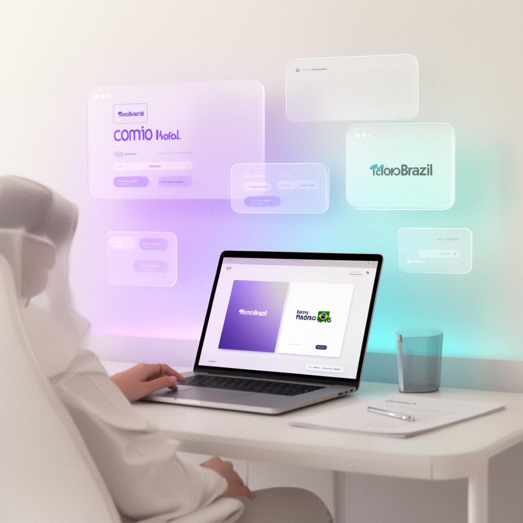 Designer trabalhando em laptop com painéis de glassmorphism violeta e ciano flutuando — blogsign