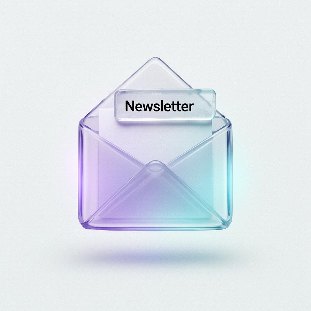 Envelope de vidro com gradiente violeta e ciano representando newsletter da blogsign