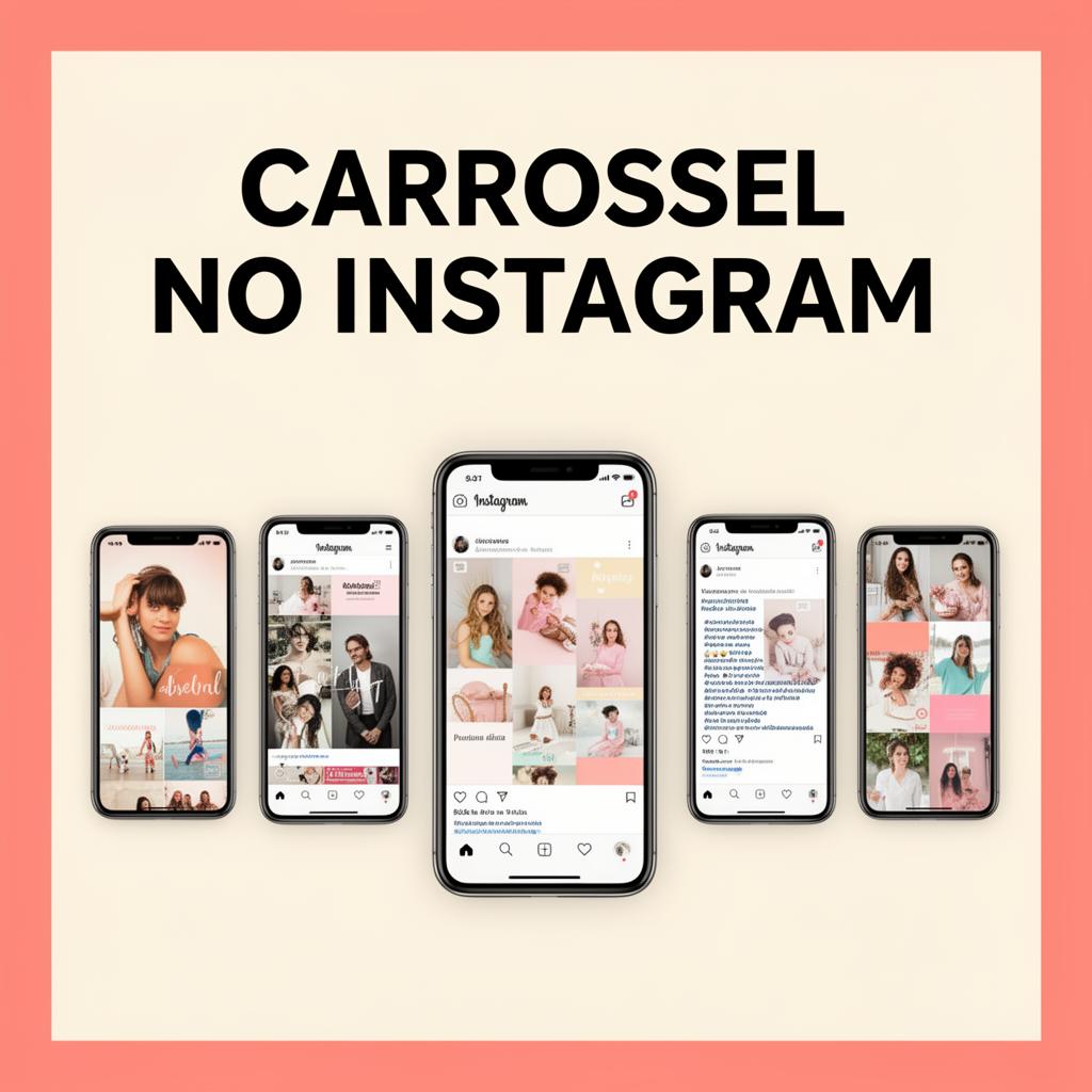 Mockup de slides de carrossel para Instagram com numeração e transições visuais, ilustrando estrutura que aumenta engajamento