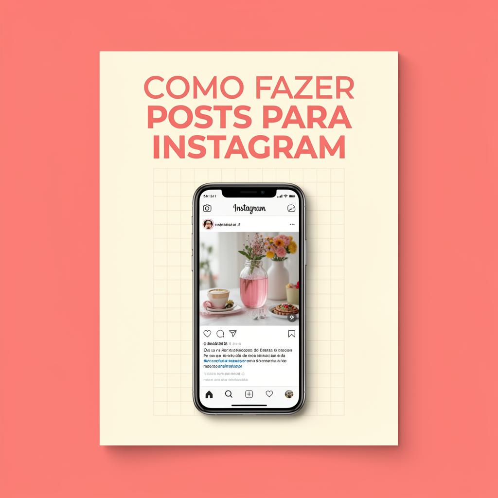 Ilustração editorial mostrando como fazer posts para Instagram, com mockup de feed, tipografia bold em português e paleta coral e creme