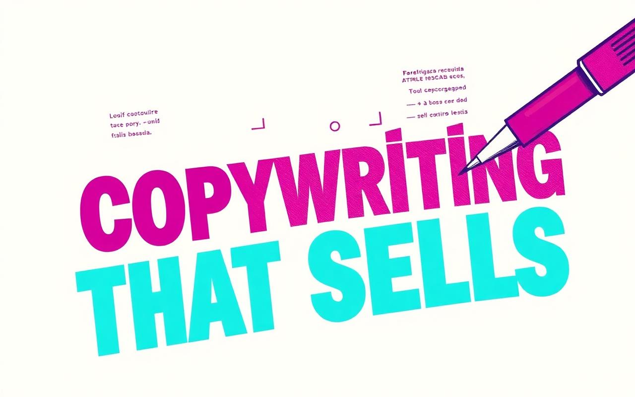 Capa editorial sobre copywriting que vende com tipografia bold magenta e ciano