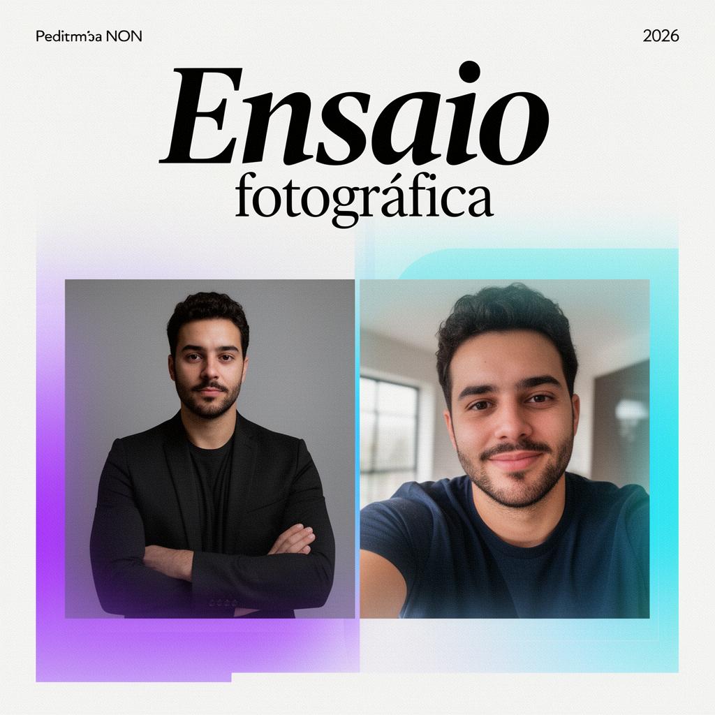 Composição editorial mostrando ensaio fotográfico profissional em estúdio ao lado de selfie casual, contraste para ilustrar ensaios de fotos modernos