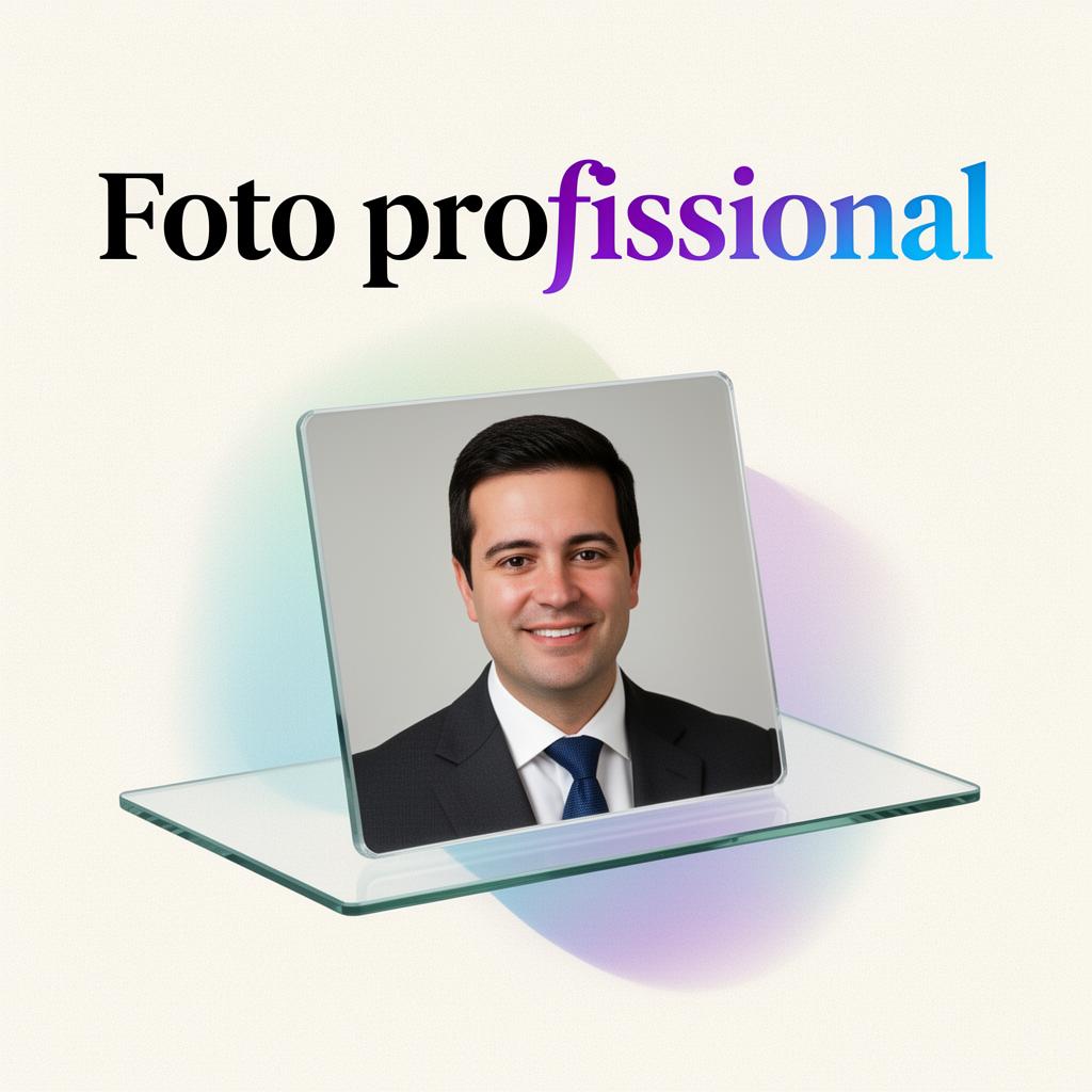 Headshot profissional masculino sobre superfície de vidro com gradiente violeta e ciano, ilustração editorial sobre foto profissional para marca pessoal