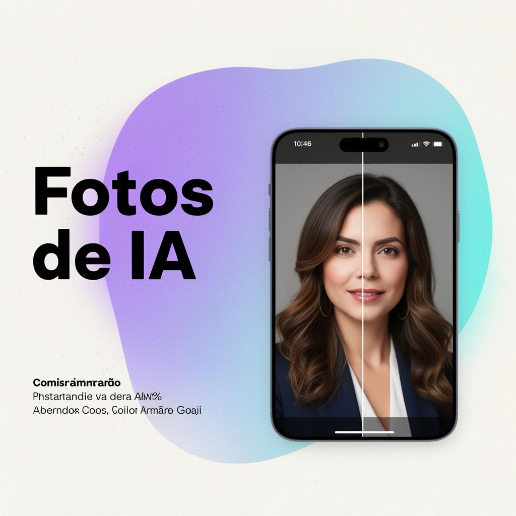 Comparação antes e depois de foto profissional gerada por inteligência artificial em smartphone, ilustração editorial sobre fotos de IA