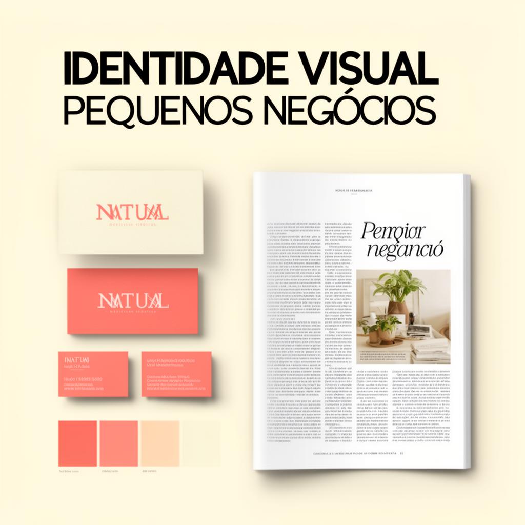Composição editorial mostrando elementos de identidade visual (logo, cores e tipografia) para pequenos negócios