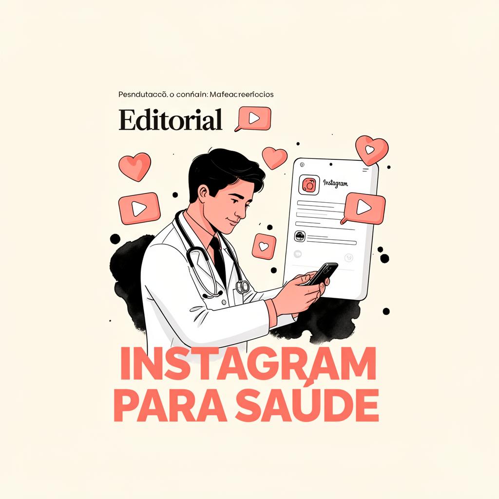 Profissional da saúde de jaleco branco usando smartphone com interface do Instagram em destaque, ilustração editorial sobre Instagram para médicos, dentistas e nutricionistas
