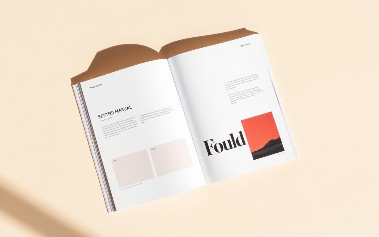 Mockup editorial de manual da marca aberto, mostrando páginas com logo, paleta de cores e tipografia